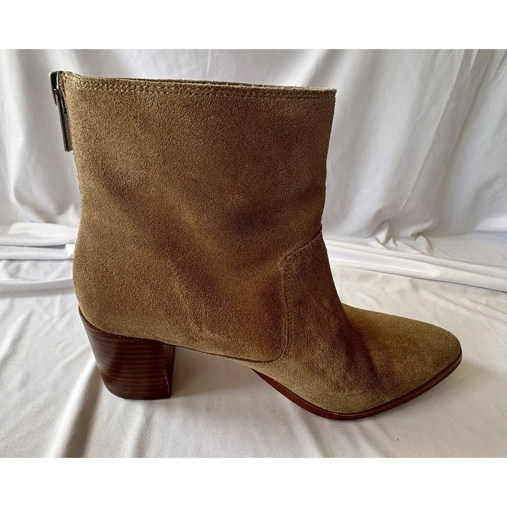 Saks Fifth Avenue Tan‎ Suede Ankle Boots Block Heel Pointed Toe Size 7M / 37